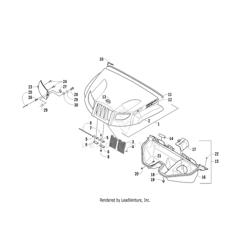 Exploded diagram showing labeled parts of a vehicles front hood assembly, useful for identifying placement and connections for the Hood Decal - Prowler XT - Left by Arctic Cat, along with grille, latch, hinges, and other OEM components.