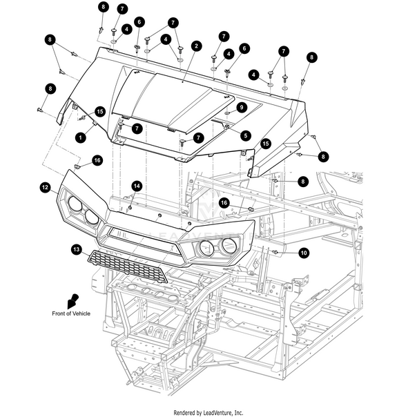 Exploded diagram of a front hood assembly with labeled parts—like hood, grille, and fasteners—featured in the UTV Cowl Tt Strata by Arctic Cat for Wildcat, Prowler, and Alterra models using OEM Arctic Cat components.