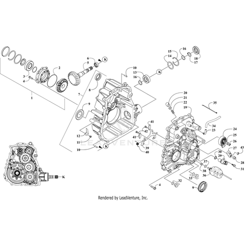 Exploded gearbox diagram with numbered parts—gears, shafts, bearings, covers—perfect for identifying and assembling OEM Arctic Cat components like the Spring by Arctic Cat (part number 0817-237).