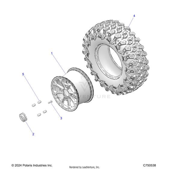 An Image of a Genuine Polaris Parts Schematic Diagram showing the schematic - WHEELS: FRONT - 2025 POLARIS RZR XP 4 1000 PREMIUM