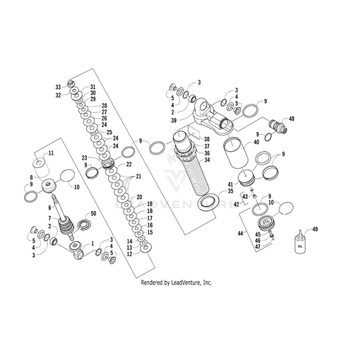 Exploded technical diagram of a Fox Podium shock absorber, displaying labeled internal parts—springs, seals, rings, bolts. Ideal for sourcing OEM Arctic Cat parts or matching with the Decal Fox Podium by Arctic Cat.