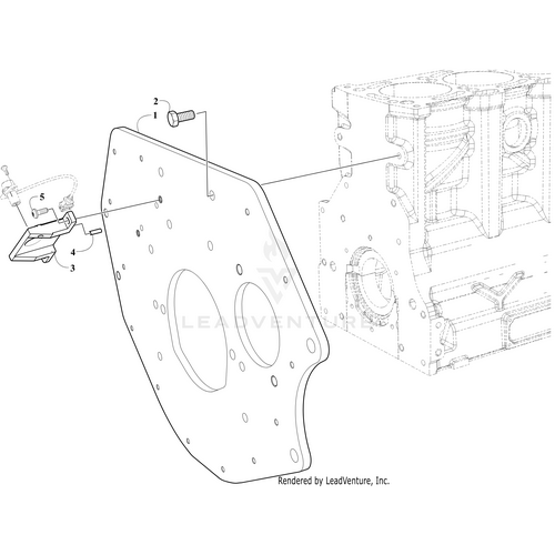 Exploded diagram of an engine block, flat mounting plate with circular cutouts, and hardware—including screws, a Bracket Cps by Arctic Cat, and small parts labeled 1–5—using OEM Arctic Cat components.