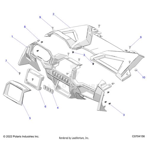 An Image of a Genuine Polaris Parts Schematic Diagram showing the schematic - BODY: DASH - 2023 POLARIS RZR XP 4 1000 PREMIUM RIDE COMMAND