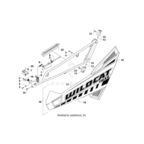Exploded diagram of a vehicle frame assembly with numbered parts, showing the Door Decal-Upper-Left (Wc Trail Lime) by Arctic Cat, a large side panel labeled “Wildcat Trail,” and genuine OEM hardware like bolts, brackets, and plates.