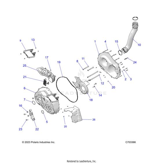 An Image of a Genuine Polaris Parts Schematic Diagram showing the schematic - DRIVE TRAIN: CLUTCH COVER AND DUCTING - 2025 POLARIS RZR XP 1000 SPORT