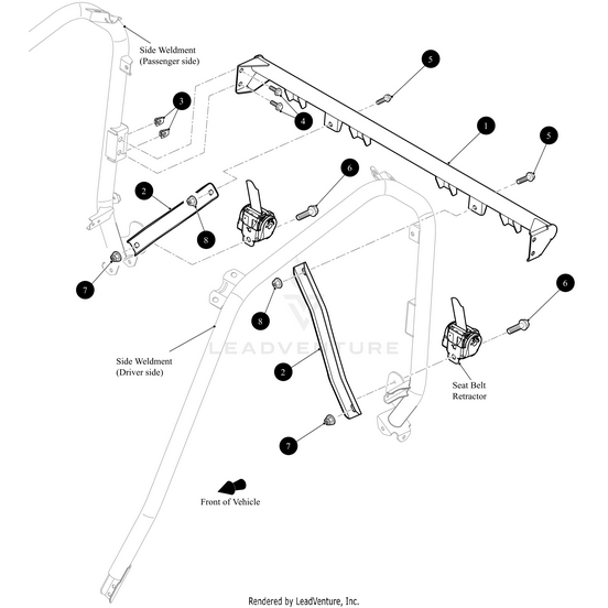 Diagram labeling seat belt system parts—side weldments, seat belt retractors, mounting bolts—with OEM Arctic Cat parts and a Cross Bar Med Grn-Weld by Arctic Cat; directional arrow shows the vehicle’s front.