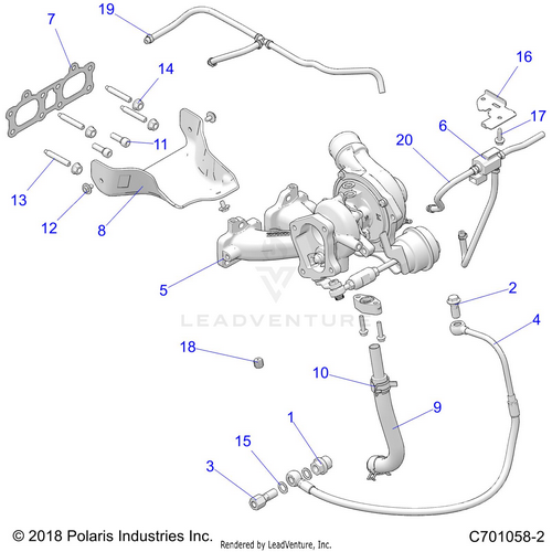 An Image of a Genuine Polaris Parts Schematic Diagram showing the schematic - ENGINE: TURBO CHARGER MOUNTING - 2020 POLARIS RZR TURBO S 4