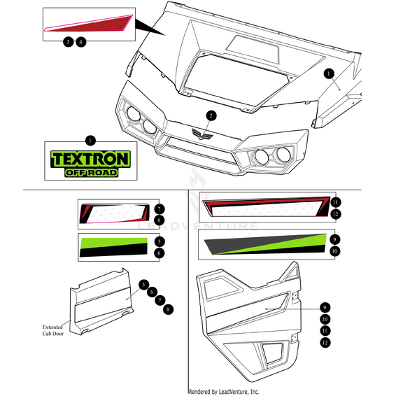 Diagram displays labeled decals for vehicles, featuring the Arctic Cat Cowl Side Decal with front hood, cab door, and side panel designs. Includes a green and black TEXTRON OFF ROAD decal. Find it at Witchdoctors.com.