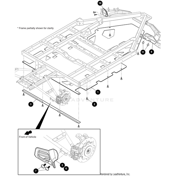 Black and white diagram of an Arctic Cat Wildcat chassis with labeled parts. An inset highlights the Roost Guard Right by Arctic Cat, detailing its part number and attachment points on the front left wheel assembly with arrows.