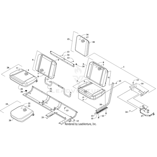 Exploded diagram of a vehicle seat assembly with numbered components—cushions, backs, brackets, bolts, frames—for easy identification of OEM Arctic Cat parts like the Seat Base Cover - Middle by Arctic Cat.