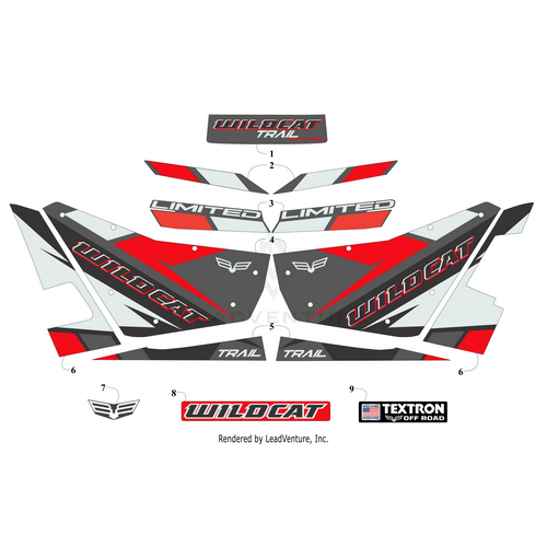 The Fender Decal-Front-Left (Limited) by Arctic Cat features OEM Wildcat Trail graphics in black, red, gray, and white, with bold WILDCAT, TRAIL, LIMITED text and Textron Off Road branding for your vehicle.