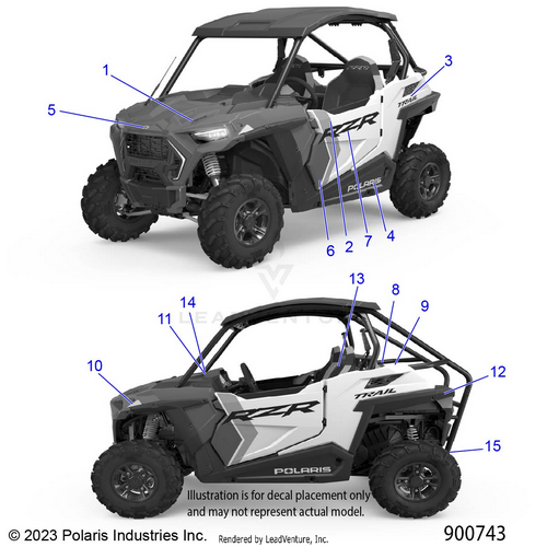 An Image of a Genuine Polaris Parts Schematic Diagram showing the schematic - BODY: DECALS - 2024 POLARIS RZR 900 TRAIL ULTIMATE