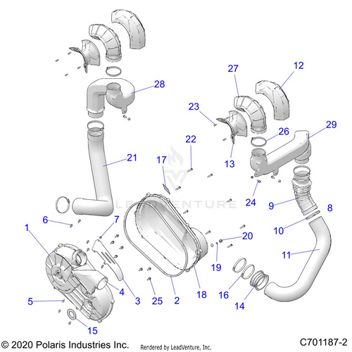 An Image of a Genuine Polaris Parts Schematic Diagram showing the schematic - DRIVE TRAIN: CLUTCH COVER AND DUCTING - 2021 POLARIS RZR XP 4 1000 HIGH LIFTER