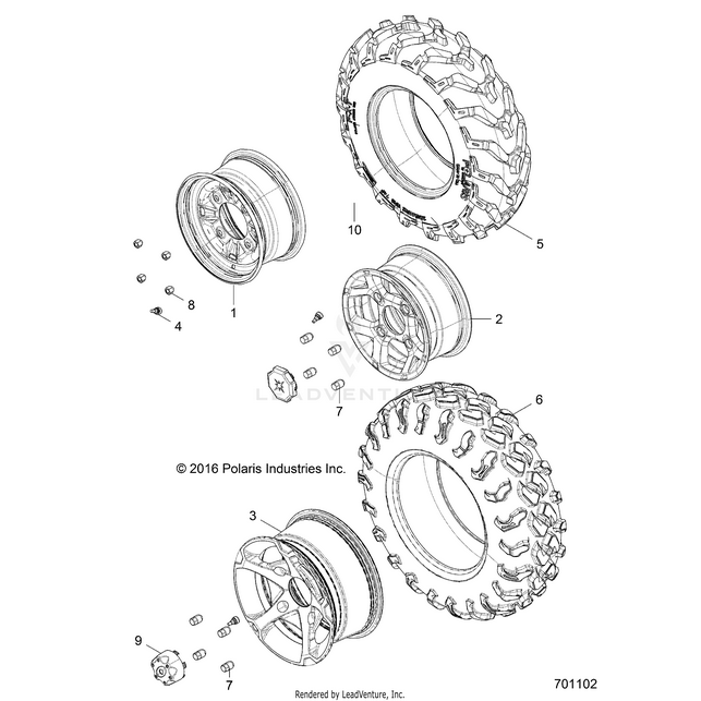 An Image of a Genuine Polaris Parts Schematic Diagram showing the schematic - WHEELS: FRONT - 2017 POLARIS RZR 900/900 EPS
