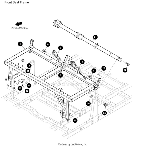 Exploded diagram of a front seat frame assembly featuring the Retractor Anti-Cinch Seat Belt 112 In by Arctic Cat, with numbered brackets, bolts, OEM parts, and a shaft—all clearly labeled for easy identification.