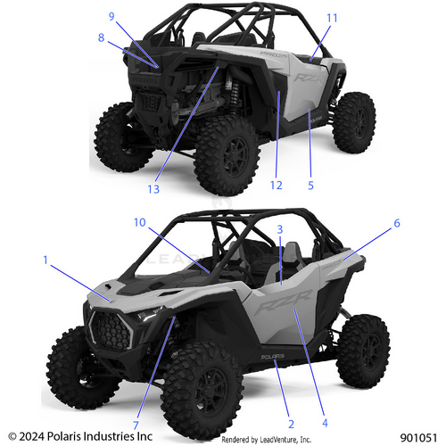 An Image of a Genuine Polaris Parts Schematic Diagram showing the schematic - BODY: DECALS - 2025 POLARIS RZR PRO XP SPORT