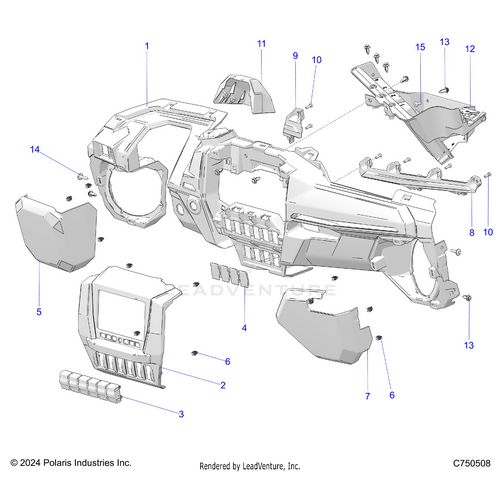 An Image of a Genuine Polaris Parts Schematic Diagram showing the schematic - BODY: DASH LOWER - 2025 POLARIS RZR PRO S 4 PREMIUM