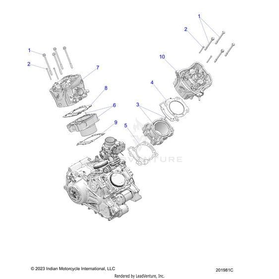 Exploded diagram of a motorcycle engine cylinder head assembly, showing numbered parts like bolts, Polaris OEM Parts, the cylinder head, and a Gasket Base Front by Polaris between the head and main engine block.
