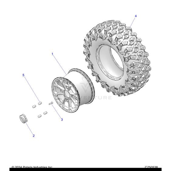 An Image of a Genuine Polaris Parts Schematic Diagram showing the schematic - WHEELS: FRONT - 2025 POLARIS RZR XP 1000 PREMIUM