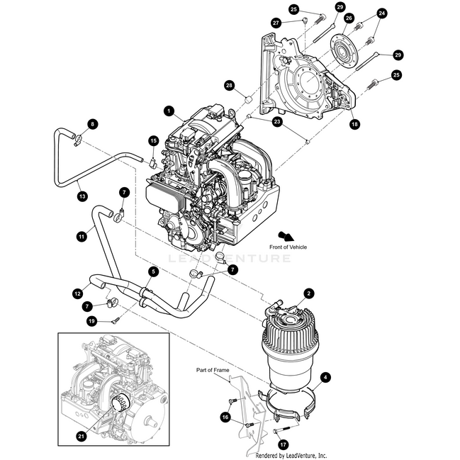 Exploded diagram of a vehicle engine assembly featuring the Stator Cover by Arctic Cat and other OEM parts, with all engine components, fasteners, intake and exhaust parts numbered for identification and labeled with the vehicles front orientation.