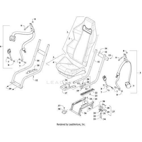 Exploded diagram of a vehicle seat assembly showing numbered parts—including seat, seatbelt, frame, hardware, and the OEM Arctic Cat Back Latch-Seat by Arctic Cat—for easy identification.