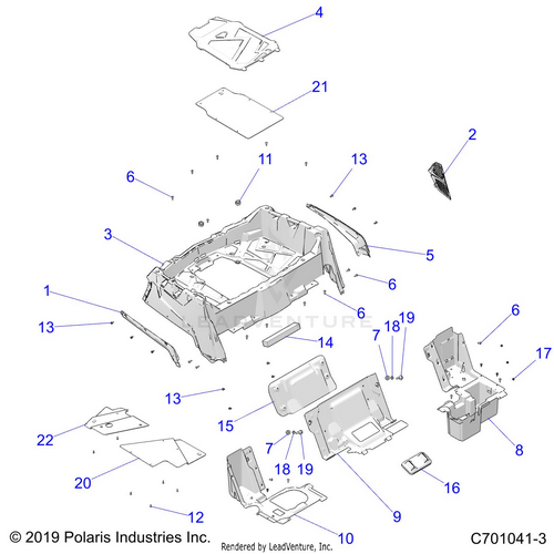 An Image of a Genuine Polaris Parts Schematic Diagram showing the schematic - BODY: REAR RACK and FENDERS - 2022 POLARIS RZR TRAIL 570