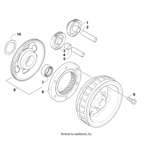 Exploded diagram of a mechanical gear assembly with ten labeled parts, featuring the Arctic Cat Starter Gear Idler-44/14T-No.1, along with gears, washers, pins, and bolts to show how OEM Arctic Cat parts fit together.