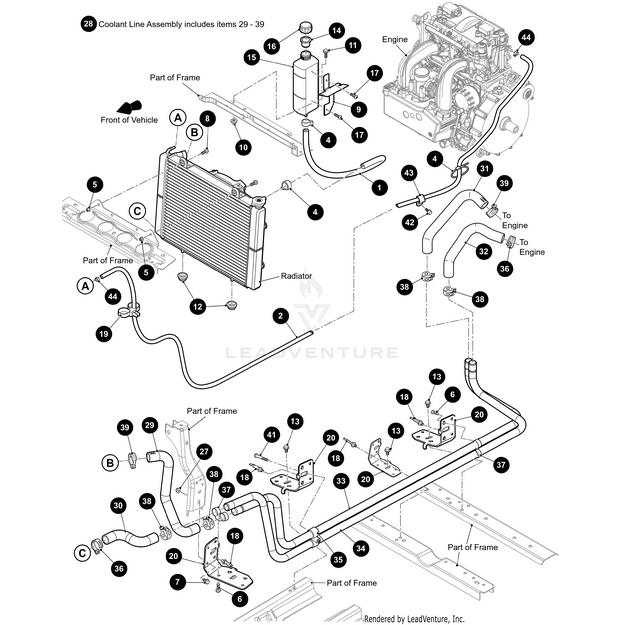 Diagram of a vehicle coolant line assembly showing labeled components (engine, radiator, hoses, clamps, connectors) with coolant flow arrows and part locations. Includes OEM Arctic Cat parts like the Overflow Tank Bracket Black by Arctic Cat.