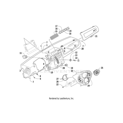 Exploded diagram of a vehicle dashboard assembly with labeled parts—vents, gauges, buttons, and more—plus the Warning Decal - Dash - Left by Arctic Cat, each component numbered for easy identification.