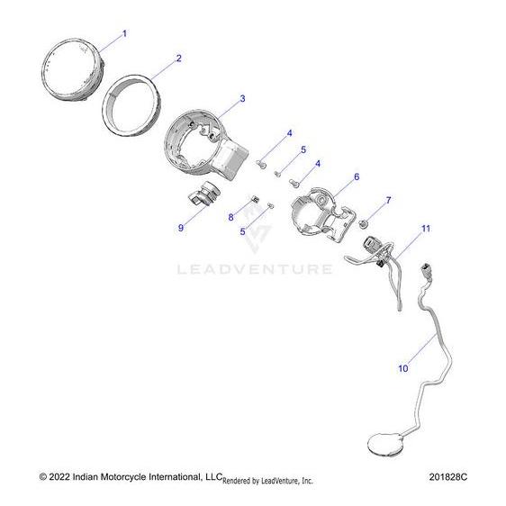 Exploded diagram of a motorcycle headlight assembly with numbered parts 1–11, including the Polaris Grommet 3, outer ring, housing, fasteners, wiring, bulb components. Features Indian Motorcycle OEM design for precise fit.