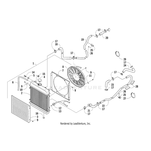 Exploded diagram of a vehicle cooling system with radiator, fan, Arctic Cat Fan Shroud, hoses, clamps, and connectors—each part numbered for reference with OEM Arctic Cat parts such as the Fan Shroud by Arctic Cat for assembly or repair.