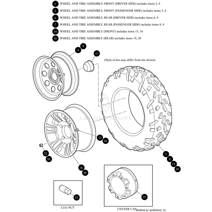 Exploded diagram of the Wheel Aluminum 14X8.0 4 On 137Mm by Arctic Cat shows rim, tire, lug nut, and center cap with numbered callouts for OEM Arctic Cat parts—perfect for identifying front and rear assembly components.