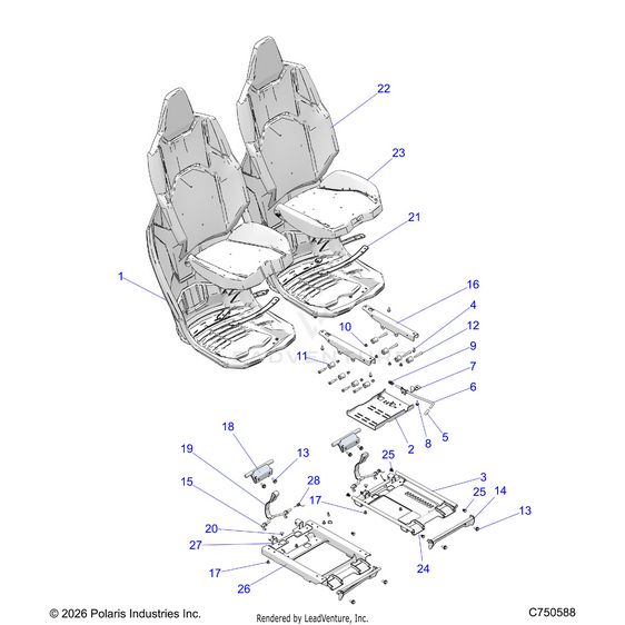 An Image of a Genuine Polaris Parts Schematic Diagram showing the schematic - BODY: SEAT ASM. AND SLIDER FRONT - 2026 POLARIS RZR XP 1000 ULTIMATE