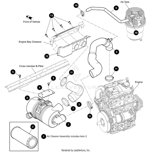 Exploded diagram showing engine components with numbered labels, including the air cleaner assembly, engine, oil tank, Arctic Cat Hose Clamp 2.12, tubes, and cross member B-pillar as part of the vehicles engine system.