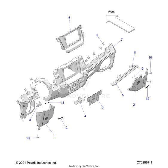 An Image of a Genuine Polaris Parts Schematic Diagram showing the schematic - BODY: DASH LOWER RIDE COMMAND - 2024 POLARIS RZR TURBO R 4 PREMIUM