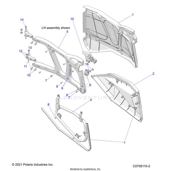 An Image of a Genuine Polaris Parts Schematic Diagram showing the schematic - BODY: DOORS REAR - 2022 POLARIS RZR XP 4 1000 HIGH LIFTER