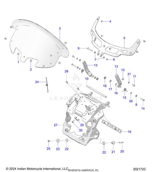 Exploded diagram of the Kit Windshield Flare Clr by Polaris, showing labeled OEM parts such as the windshield, brackets, fasteners, and mounting hardware with numbered callouts for easy identification.