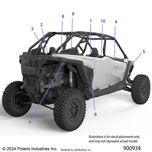 An Image of a Genuine Polaris Parts Schematic Diagram showing the schematic - BODY: DECALS STANDARD - 2025 POLARIS RZR PRO R SPORT