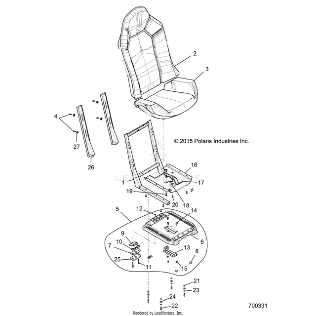 An Image of a Genuine Polaris Parts Schematic Diagram showing the schematic - BODY: SEAT ASM. AND SLIDER - 2016 POLARIS RZR 4 900