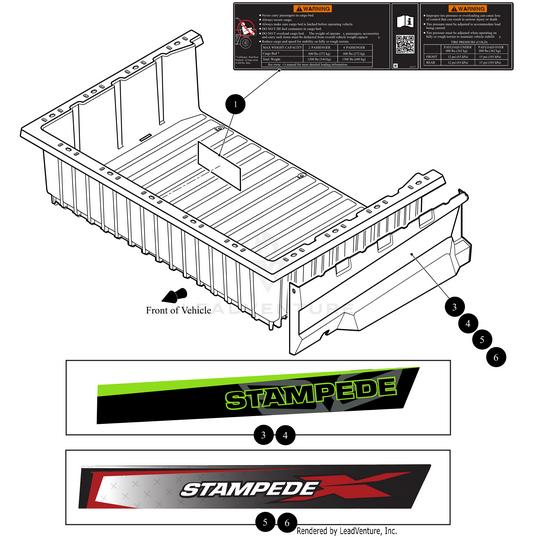 Black-and-white diagram of a truck bed liner features numbered labels. Below, two colorful Bed Side Decal Blu Right by Arctic Cat designs are shown with a warning label and arrows.