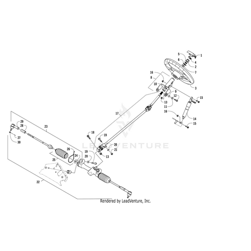 Exploded diagram of a vehicle steering system with labeled parts: steering wheel, column, joints, and Steering Shaft by Arctic Cat with rack-and-pinion components. Find OEM Arctic Cat parts at Witchdoctors.com.