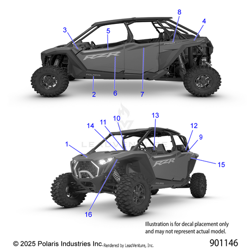 An Image of a Genuine Polaris Parts Schematic Diagram showing the schematic - BODY: DECALS - 2026 POLARIS RZR PRO XP 4 ULTIMATE