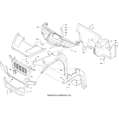 Exploded diagram of a vehicle’s front bumper assembly, highlighting the Front Fascia - Gray by Arctic Cat. Each component is numbered for easy reference—ideal for sourcing genuine parts at Witchdoctors.com.