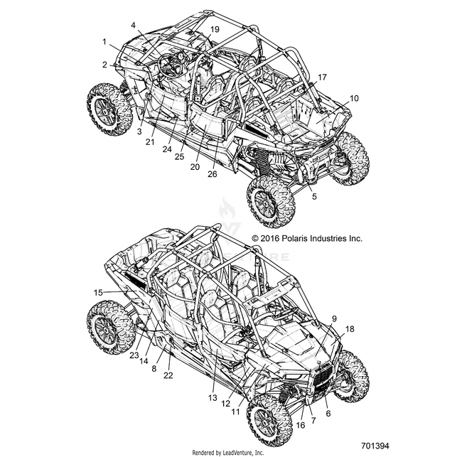 An Image of a Genuine Polaris Parts Schematic Diagram showing the schematic - BODY: DECALS - 2018 POLARIS RZR XP 4 TURBO