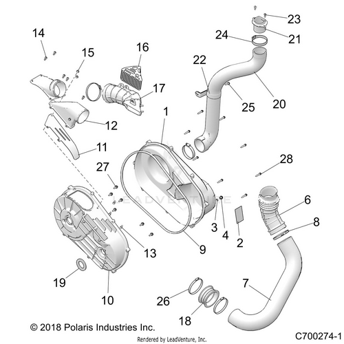 An Image of a Genuine Polaris Parts Schematic Diagram showing the schematic - DRIVE TRAIN: CLUTCH COVER AND DUCTING - 2021 POLARIS RZR XP 4 1000