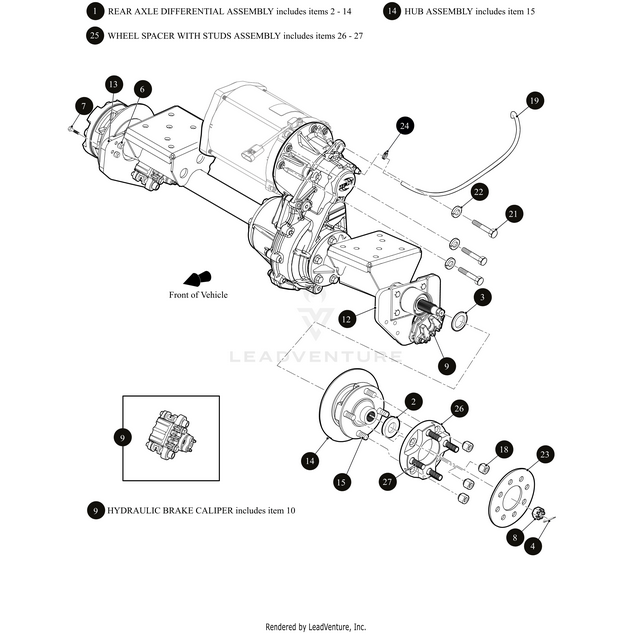 Exploded diagram of a vehicles rear axle differential, showing numbered OEM Arctic Cat parts such as the axle, brake caliper, hub, wheel spacer, bolts—including Bolt-Hex-Heavy Duty 5/16-24 X 10 by Arctic Cat—and connectors, with arrows indicating assembly positions.