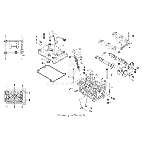 Exploded diagram of an engine cylinder head assembly with numbered parts, including camshafts, valves, covers, gaskets, and the Flange Bolt 6*16mm by Arctic Cat (3303-382), plus other OEM Arctic Cat components—all labeled and arranged.