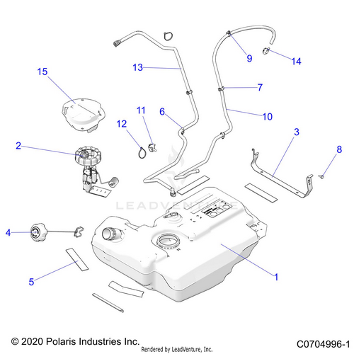 An Image of a Genuine Polaris Parts Schematic Diagram showing the schematic - BODY: FUEL TANK - 2021 POLARIS RZR 900 TRAIL/TRAIL S