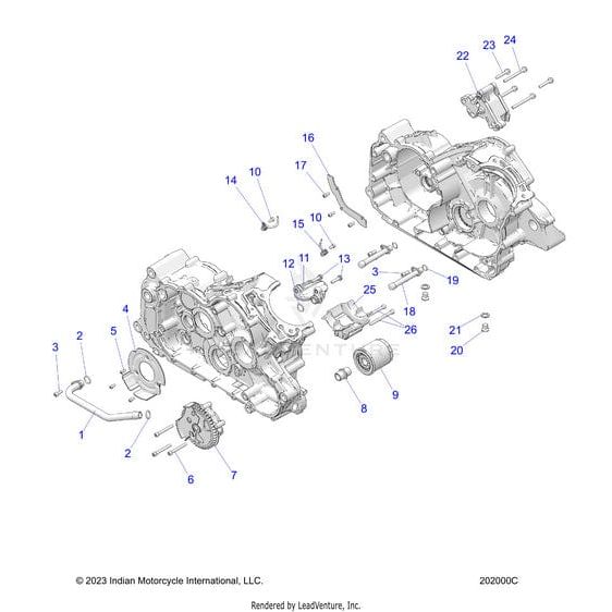 Exploded diagram of a motorcycle engine case assembly featuring numbered parts like gears, covers, bolts, and the Oil Pickup by Polaris, with right and left engine cases displayed separately.