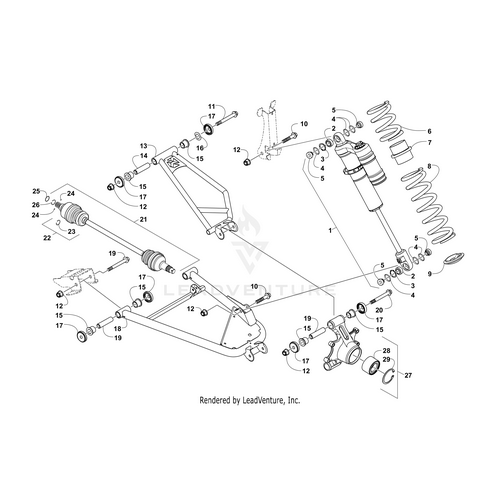Exploded diagram of a vehicle suspension assembly with labeled parts, including the Coupler by Arctic Cat—ideal for identifying OEM components on Wildcat, Prowler, and Alterra models.